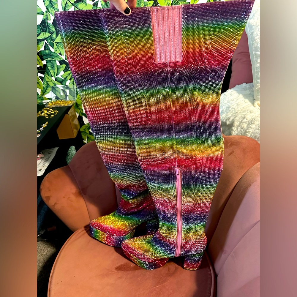 Crystal rainbow thigh high boots